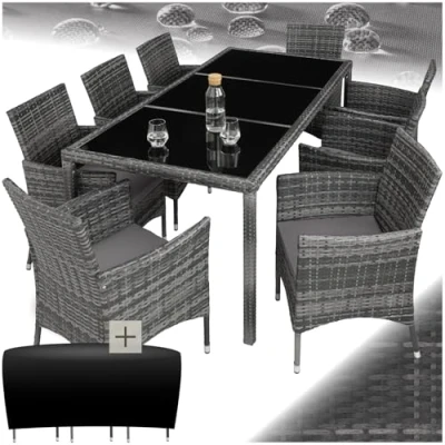 Image of TecTake Garden Furniture Set, Outdoor and Indoor Dining Table set with 8 Chairs, 1 Rectangular Table, Polyrattan Patio Seating Removable Cushions Weather Cover grey