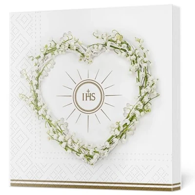 Image of Maki 3Ply First Communion Napkins Decoupage Tissue Paper Serviettes 33cm x Pack of 20 (Communion Heart Gold)