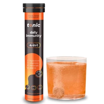 Image of Tonic Health Daily Immunity Tablets 4 in 1 Effervescent Multivitamins, Minerals &amp; Phytonutrients Vitamin D, C and Zinc Vegan,No Sugar Max Strength, Orange, Mango, Passionfruit, 20 Count