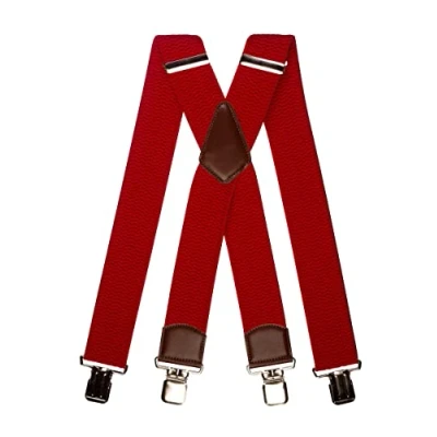 Image of Olata Men&#039;s Extra Wide Heavy Duty X Shape Braces/Suspenders with Brown Leather 5cm. Red
