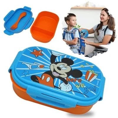 Image of Children&#039;s Lunchbox with Cutlery, Mickey Mouse Made of BPA Free Plastic, Dishwasher Safe Sandwich Box for Kids, Travel Back to School, Size 20cm