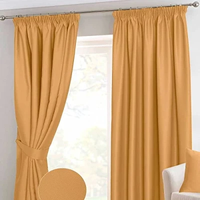 Image of HOMESCAPES Mustard Yellow Pencil Pleat Blackout Thermal Curtain Pair Width 117cm (46&quot;) x 182cm (72&quot;) Drop Herringbone Chevron Textured Retro Geometric Design. FREE SWATCHES.