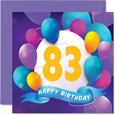Image of 83rd Birthday Card for Men Women Balloon Party Happy Cards 83 Year Old Man Woman Great Grandad Grandpa Grandma Gran Nan Nanny Mum Dad, 145mm x Bday Greeting Gift