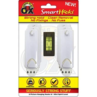 Image of Rapide Strong as an Ox SmartHooks Self Adhesive 6 Picture Hanger Hook Set with Mini Spirit Level