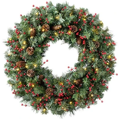 Image of WeRChristmas Luxury Pre Lit Pine &amp; Berry Wreath with 50 LED Lights Timer Function, Multi Colour, 2.5 feet/75cm