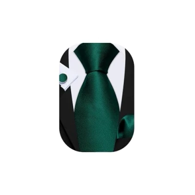 Image of Barry.Wang Men Silk Tie Set Pocket Square Cufflinks Emerald Green