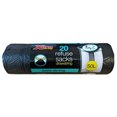 Image of TidyZ 20 x Black 50L Drawstring Refuse Sacks Waste Swing Bin Liners Extra Strong Rubbish Bags