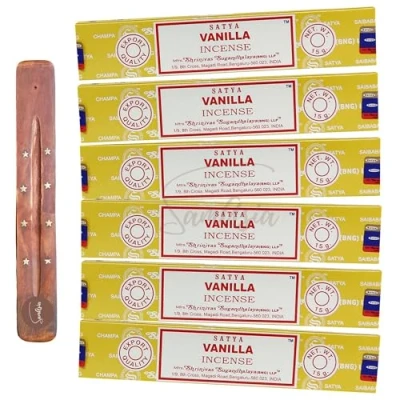 Image of Satya Nag Champa Vanilla incense sticks x6 pack with SAMASIA holder Used for Aromatherapy, Spa, Yoga, Weddings, Meditation, Healing, Positivity and Relaxation