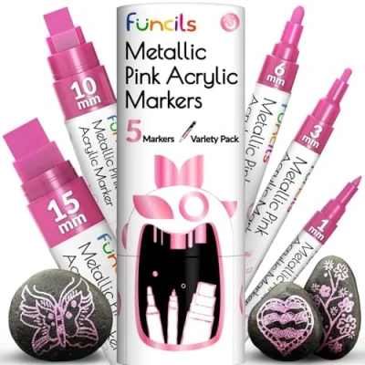 Image of 5 Acrylic Metallic Pink Paint Pen Extra Fine Tip, Thin &amp; Jumbo (1mm, 3mm, 6mm, 10mm, 15mm) Markers for Metal, Rocks, Plastic, Canvas, Wood, Fabric, Tire, Glass. Permanent Marker