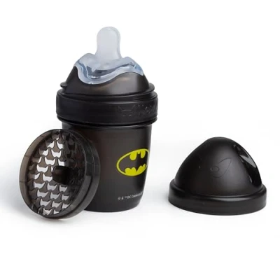 Image of Herobility DC Batman Double Anti Colic Baby Bottle Award Winning Hero Bottles Soft Breast Like Teat, Easy Mixing Lid &amp; Net Safe Environment Friendly Materials 140ml/5 fl oz