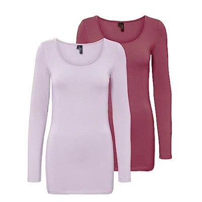 Image of VERO MODA Female Long Sleeve Blouse 2 Pack, Pink/Purple (1 x Hawthorn Rose / 1 Lavender Fog), XL
