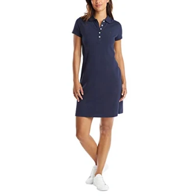 Image of Nautica Women&#039;s Easy Classic Short Sleeve Stretch Cotton Polo Dress Casual, Navy Seas, S