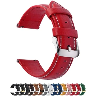 Image of Fullmosa Watch Strap, Genuine Leather Straps with Stainless Metal Clasp, Quick Release Replacement Bands, 14mm 16mm 18mm 19mm 20mm 22mm 24mm, Red