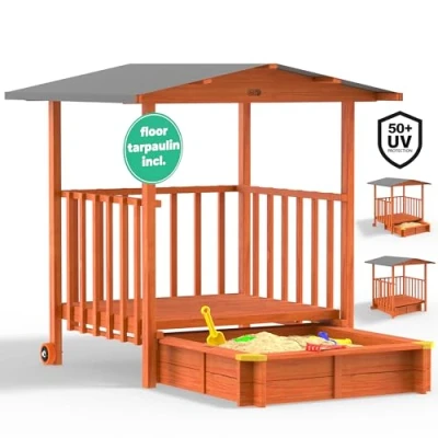 Image of Spielwerk® Merle Childrens Wooden Sandpit with Roof Porch 133 x 127 137 cm Wood Sand Play Box Playhouse UV 50+ Sun Protection Shade Cover Transport Wheels Outdoor Garden Toy
