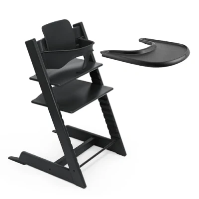 Image of Stokke Tripp Trapp High Chair (Black) with Tray Includes Chair, Baby Set 2 for Children 6 36 Months and Adjustable, Ergonomic &amp; Easy to Clean