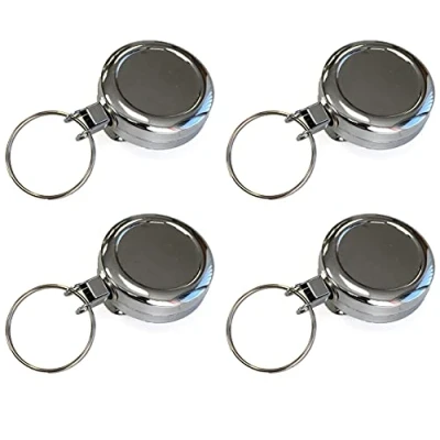 Image of Retractable Key Reel Chrome Heavy Duty ID Pull with Strap Clip Extendable Card Holder (Pack of 4) Keyring PCL Media ltd