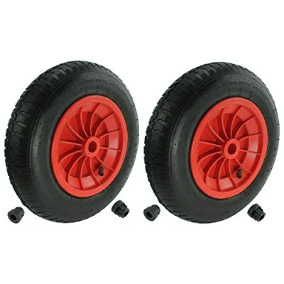 Image of First4spares 14&quot; 3.50 8 Complete Wheelbarrow Wheel, Inner Tube, Tyre &amp; 1/2&quot; Axle Reducer Bushes for Garden Trolley/Barrow/Go Cart/Trailer Truck (Red, Pack of 2)