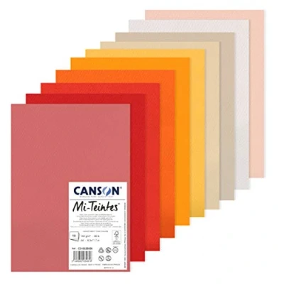 Image of CANSON Mi Teintes Coloured Drawing 160gsm A4 Paper Pack, Double Sided: Honeycomb &amp; Fine Grain, 10 Warm Colour Sheets, Ideal for Professional Artists Illustrators