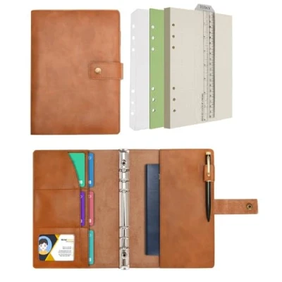 Image of WONDERPOOL Leather Diary Refillable Notebook Spiral Journal Binder Portfolio A5 Dot Grid Paper &amp; Inner Pockets for Travel Work and Personal Organizer (Brown, A5)