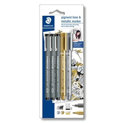 Image of Staedtler Creative Set (3 Fine Liner Pigment Black, 2 Metallic Marker, Johanna Basford) 308 SBK3P3