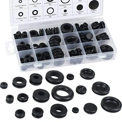 Image of Aussel 18 Sizes 125PCS Black Rubber Grommet Electrical Conductor Gasket Ring Assortment Kit for Protecting Wires, Plugs and Cables (125PCS)
