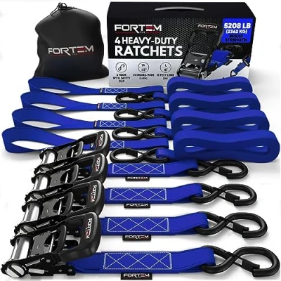 Image of FORTEM Ratchet Tie Down Straps, 2362kg Break Strength, (4) 3.04 Meter Heavy Duty Soft Loops, Rubber Coated Metal Handles, Plastic Hooks, Carrying Bag (Blue)