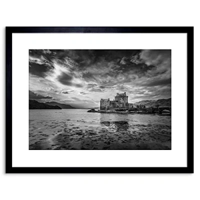 Image of Wee Blue Coo SCOTTISH PHOTO LANDSCAPE EILEAN DONAN CASTLE BW FRAMED ART PRINT F97X12281
