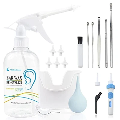 Image of TopQuaFocus Ear Cleaner Earwax Removal Kit, Electric Remover Irrigation Tool, 16.9oz Washer Bottle 6pcs Pick for Adults &amp; Kids Cleaning(Clear)