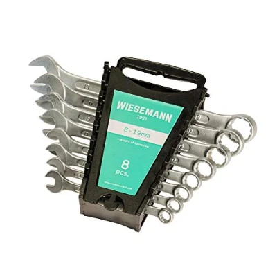 Image of Combination Spanner Set 8 pcs. 19mm by WIESEMANN 1893 I Wrench in Tool Holder with 15 Angled Ring Side for Easier Working 80201