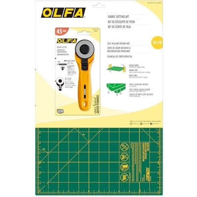 Image of OLFA Fabric Cutting Kit with Green Mat &amp; Yellow Rotary Cutter, Self Healing Mat, 12x18 Inch, 45mm RB45 Blade, Alloy Steel, for Sewing, Quilting