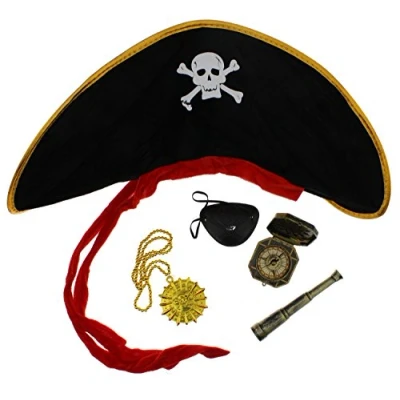 Image of Zac&#039;s Alter Ego 5 Piece Fancy Dress Pirate Accessories Costume Hat, Compass, Spyglass, Medallion &amp; Eye Patch