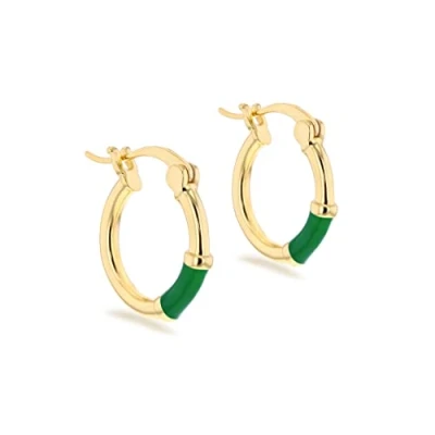 Image of Tuscany Silver Women&#039;s Sterling Yellow Gold Plated 15mm Green Enamel Hoop Earrings