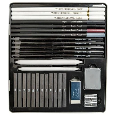 Image of Quickdraw Complete Artist Drawing Set in Metal Tin for Sketching &amp; Kit with Pastel Graphite Pencils, Erasers Sharpener