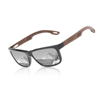 Image of KINGSEVEN Design Wood Polarized Rectangular Sunglasses for Men, Walnut Wooden Frame Mirrored Glasses Driving W5508 (W5508 Silver)