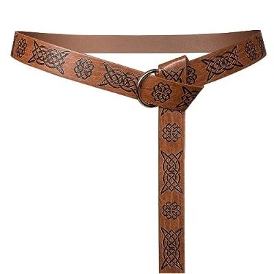 Image of HiiFeuer Medieval Embossed PU Leather O Ring Belt, Retro Renaissance Knight Belt (Brown B)