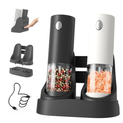 Image of CIRCLE JOY Salt and Pepper Grinder Set Electric Rechargeable with Charging Base White LED Light, Adjustable Coarseness, Washable Container, Black