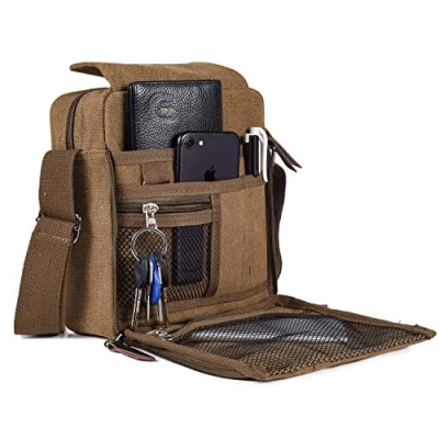 Image of Vintage Canvas Cross Body Casual Shoulder Bag, Multipurpose Messenger Purse Briefcase Travel Organizer Bag Multi pocket Handbag School Coffee