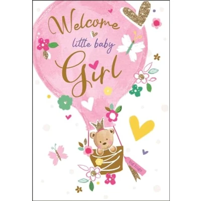 Image of New Baby Girl Congratulations Card Welcome Little Teddy Bear Design Special Finishes Made in the UK