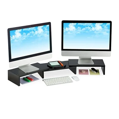 Image of Relaxdays Dual Monitor Stand, Adjustable, Ergonomic, Screen Viewing Elevation for the Desk, Black, Fibreboard, 11 x 104 20.5 cm