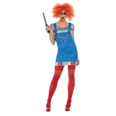 Image of Smiffys Chucky Sexy Costume in Blue Top and Printed Dungarees, Officially Licensed, Iconic Dungarees Striped Top, Short Dress, Halloween Womens Fancy Dress