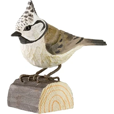 Image of WILDLIFEGARDEN Wildlife Garden DecoBird Crested Tit (WG428) Hand Carved Decorative Bird Figurine Made of Linden Wood Small European Birds Collection