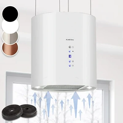 Image of Klarstein Barett island cooker hood kitchen extractor fan, hood, Ø 35cm, 190 W Motor, Max. 560 m3 / h Circulating Air, 3 Power Levels, LED Cooking Surface Lighting, SSt White