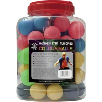 Image of Sure Shot Matthew Syed Barrel of 60 Multi coloured Table Tennis Balls White 40mm