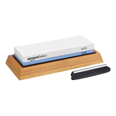 Image of Amazon Basics Knife Sharpening Whetstone, Dual Sided 1000/6000 Grit Stone with Non Slip Bamboo Base, Black, Blue &amp; White