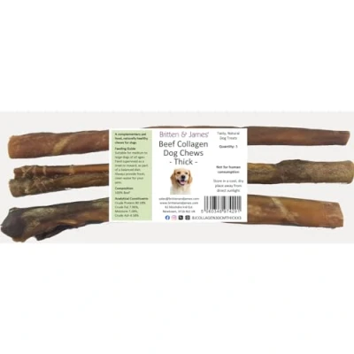 Image of Britten and James 3 Thick Beef Collagen Sticks for Dogs (30cm length). Natural Dental Chew Dog Treat Long Lasting, Grain Free Hypoallergenic