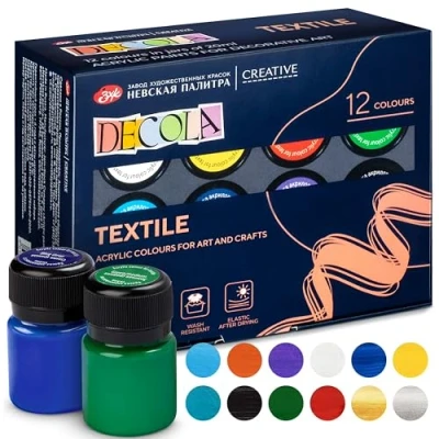 Image of Decola Fabric Paints Permanent for Clothes 12x20 ml Waterproof &amp; Textile Inc. Red, Blue, Green, Black, White, Purple, Gold, Silver and more Made by Nevskaya Palitra