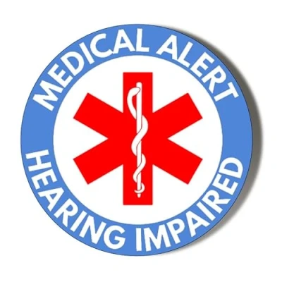 Image of Gift Insanity MEDICAL ALERT BLUE BACKGROUND HEARING IMPAIRED 38mm Small Badge, White