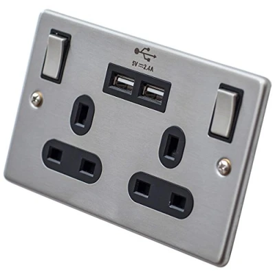 Image of pro elec pl15150 2 Gang Socket with USB Stainless Steel, 2.0 cm*2.0 cm