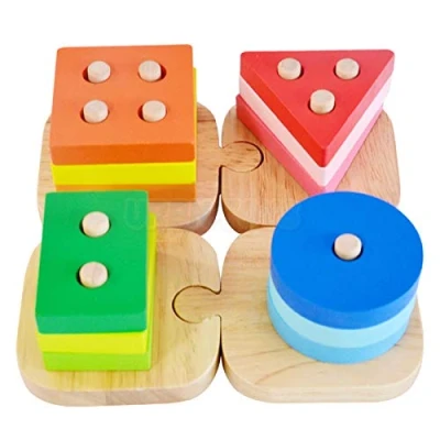 Image of URBN TOYS Large Wooden Shape Sorter Column Jigsaw Geometric Building Blocks Toy Set