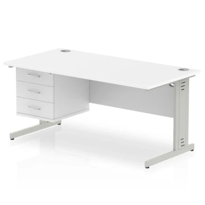 Image of Impulse 1600x800 Desk White Silver Cable Managed Leg + Fixed Pedestal